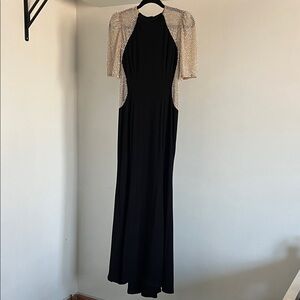 Xscape Black Maxi Gown with Rhinestone Studded Sleeves